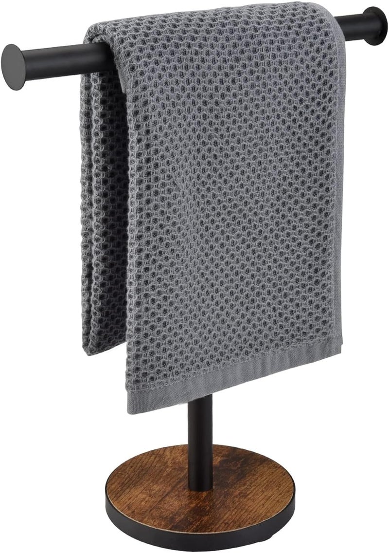 BCOZLUX Towel Holder Stand, Countertop Hand Towel Stand for Bathroom and Kitchen, Free Standing Counter Towel Rack with Weighted Wood Base, Rustic Black and Brown - Image 1